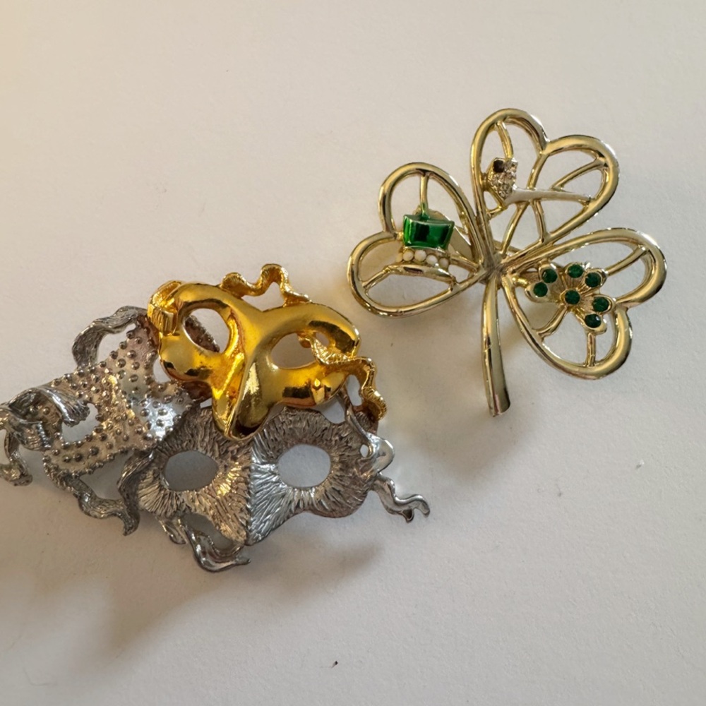Vintage Beatrix Jewelry Shamrock Gold Tone and Comedy/ Tragedy Masks Brooches